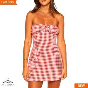 Y2K Gingham Mini Dress Strapless Bodycon Party Clubwear Polyester Fitted